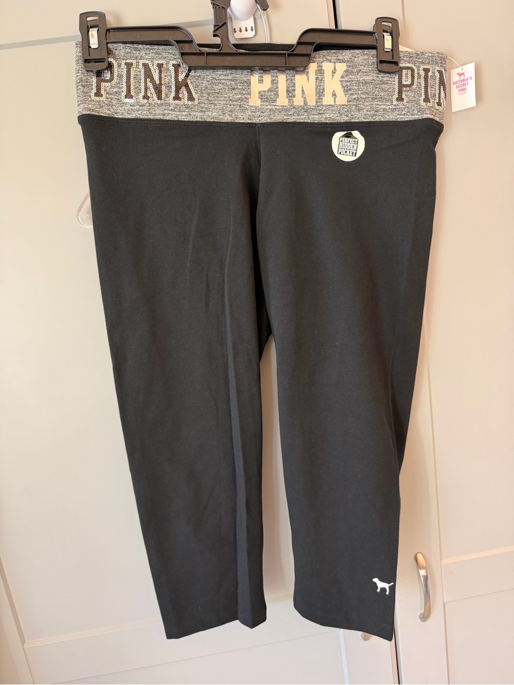 PINK Victoria's Secret Black Capris with Gray Logo Waistband